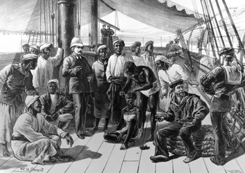 Pan Stanley a někteří z jeho afrických následovníků na palubě HMS Industry, zveřejněno v „The Illustrated London News“, 5. ledna 1878