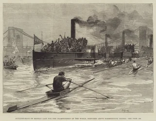 Sculling-Race v pondělí Poslední pro mistrovství světa, načrtnuté nad Hammersmith Bridge