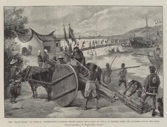 Černé vlajky ve Formose, staví Bambusový most přes lagunu, kterým se dá ustoupit, když Japonci zaútočí na pevnosti