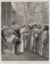 Císařská svatba v Petrohradě, nevěsta přijímající svěcenou vodu v kostele svatého Petra a Pavla před svatbou
