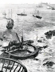 Princ z Walesu a vévoda z Edinburghu pokládají základní kámen nového majáku Eddystone, ilustrace z „The Illustrated London News“, 1879