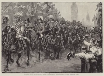 Královnino jubileum, doprovod královských princů v průvodu z Buckinghamského paláce do Westminsterského opatství