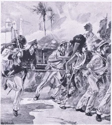 Námořní brigáda z HMS Shannon v Lucknow, listopad 1857, ilustrace z britských bitev na souši a na moři, 1915