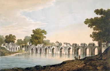Pohled na most v Ilionpooru přes řeku Goomty, hospoda. 1785-88.