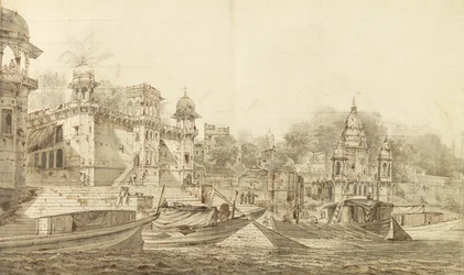 Pohled na část města Benares, kolem roku 1781 (šedé mytí štětcem a inkoustem přes tužku na papíře položeném na mycím držáku)