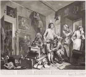A Rake? S Progress, Plate 1: The Rake Takeing Possession of his estate / Der Weg eines Liederlichen, Blatt 1: Die Erbschaft. 1735