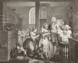 A Rake? S Progress, Plate 5: The Rake Marrying an Old Woman / The Path of a Dissolute, List 5: Tom Rakewell si bere bohatou starou ženu). 1735
