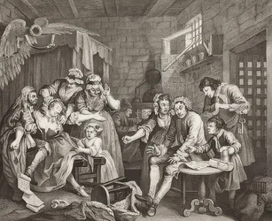 A Rake? S Progress, Plate 7: The Rake in Prison / The Path of a Verbosom, List 7: Tom Rakewell ve vězení. 1735