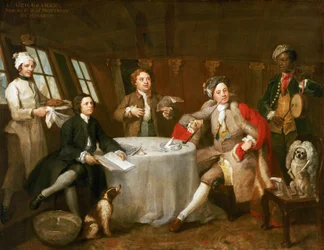 Kapitán George Graham (1715-1747) v kajutě své lodi "Nottingham", obraz připomínající jeho vítězství u pobřeží Ostende (Belgie) v červnu 1745 nad francouzskou obchodní eskadrou s bohatou kořistí.