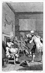 Desátník Trim čte kázání, frontispis k „Životu a názorům Tristrama Shandyho, Gentleman“ od Laurence Sterna, vyryl Simon Francois Ravenet, 1759