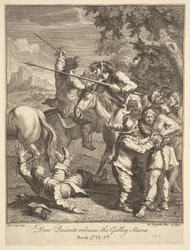 Don Quijote vydává Galley Slaves Six Illustrations pro Dona Quijota, 1756 nebo později.