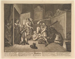 Hudibras katechizoval dvanáct velkých ilustrací pro Samuela Butlerse Hudibras, deska 9, 1725-68.