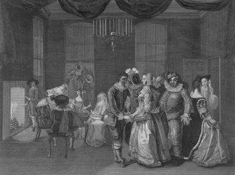 Vnitřní pohled na Somerset House zobrazující postavy oblečené na maškarní, 1805