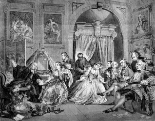 Marriage in Fashion (Marriage in Fashion): série 6 satirických tabulí o svatbě bohatých lidí. Zvedni ho. Rytina Williama Hogartha (1697 - 1764). 1745.