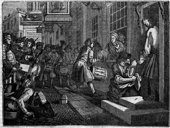 Deska ze série 12 rytin od Williama Hogartha (1697-1764), britského ilustrátora, s názvem „Industry and Idleness“, „Zele and laziness“, vyprávějící o kariéře dvou učňů: Goodchildova svatba s dcerou jeho mistra tkadlena