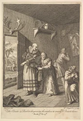 Kurát a holič se převlékají, aby zprostředkovali Don Quijote Home Six I..., 1756 nebo později.