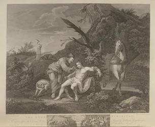 Dobrý Samaritán, vyrytý J. M. Delatre a Simon Francis Ravenet, vydal John Boydell (1719-1804) 1772
