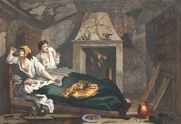 Nečinný „Prentice se vrátil z moře a v podkroví s obyčejnou prostitutkou“, deska VII „Průmysl a nečinnost, ilustrace z „Hogarth Restored: Celá díla slavného Williama Hoga
