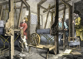 Dílna a dělník s tkalcovským materiálem ve Spitalfields, Anglie