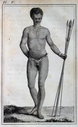 Muž Khoikhoi (Hottentot), z Cest Le Vaillant do vnitrozemí Afriky přes Mys Dobré naděje, v letech 1783
