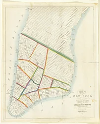 Mapa města New York [až po východní 53. ulici], 1885 (černý inkoust, ručně kolorováno, na papíře)