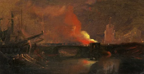 Bristol Riots: The Burning of the Toll-Houses on Prince Street Bridge with St Mary Redcliffe, c.1831 (olej na papíře)