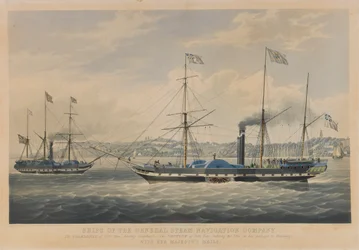 Lodě společnosti General Steam Navigation Company. 800tunová Caledonia vyplouvá z Hamburku - 800tunová Neptun vplouvá na Labi při plavbě do Hamburku s poštou Jejího Veličenstva.
