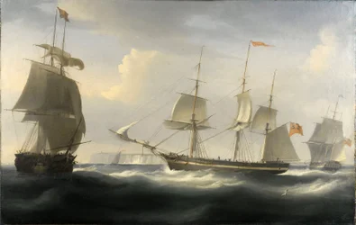Loď "Delaford", postavená na Temži v roce 1788 pro obchod mezi Londýnem (Anglie) a Východní Indií. Olej na plátně, kolem roku 1830, autor William John Huggins (1781-1845).