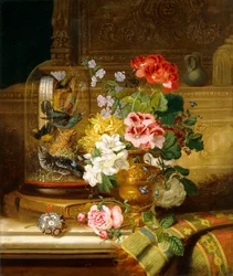 Váza s různými květinami a pěvci na římse, 1867