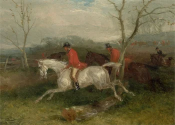 Foxhunting: Coming to a Fence (Full Cry) (olej na millboard)