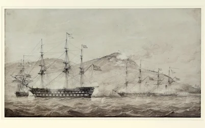 Lodě HMS "Wellesley", "Columbine" a "Grisel" u Amoy (Čína) v roce 1841. Lavis
