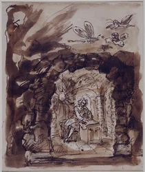 Alexander Pope ve své jeskyni, kolem roku 1730 (pero a inkoust s hnědou tužkou na papíře)