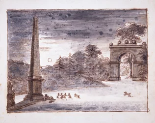Chiswick, Brána Burlington Lane a Obelisk v měsíčním světle s Kentem sedícím u obelisku a sněním as králíky ve hře, kolem 1732 (pero, inkoust a mytí na papíře)