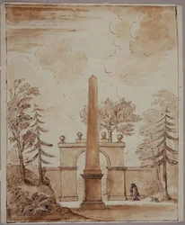Chiswick, pohled na Burlington Lane Gate, Obelisk v popředí a Kent se psem (pero, inkoust a mytí na papíře)