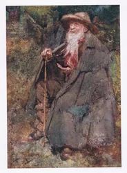 Dlouho vzpomínaný žebrák byl jeho hostem, jehož vousy klesaly na jeho staré hrudi (barva litho)