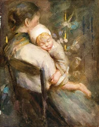 Mladá matka s dítětem spí na klíně (akvarel na papíře)