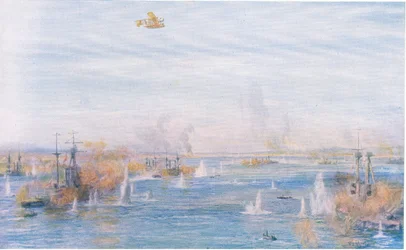 Bombarding the Narrows, 18. března 1915, z Cassells History of the British People vydané společností Waverley Book Company Limited, kolem roku 1940