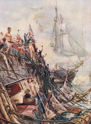 Zmrzačená, ale nepokořená: Belleisle u Trafalgaru 21. října 1805, ilustrace z knihy „British Battles on Land and Sea“, vydané nakladatelstvím Cassell v Londýně, kolem roku 1910