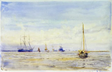 Řeka Hamble (Anglie) a plavba lodí. Akvarel, konec 19. století, autor William Lionel Wyllie (1851-1931).