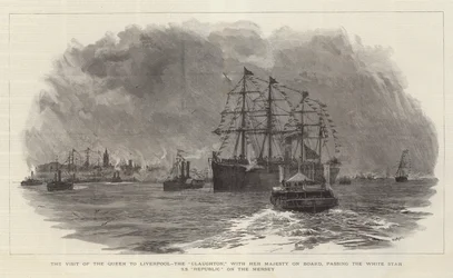 Návštěva královny v Liverpoolu, loď Claughton s Jejím Veličenstvem na palubě, míjející loď White Star SS Republic na řece Mersey