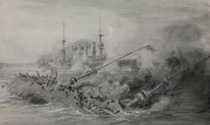 Poslední z lodí "Scharnhorst" a "Gneisenau"; bitva u Falklandských ostrovů, 8. prosince 1914, asi 16.15, asi 1915-18 (wash, šedá, zvýrazněná bílou)