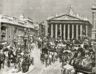Anglická banka a Královská burza v devatenáctém století, z knihy „London Pictures: Drawn with Pen and Pencil“, od reverenda Richarda Lovetta, vydáno 1890