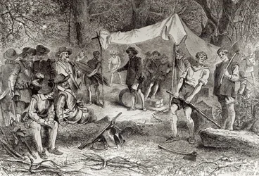 První den v Jamestownu, 14. května 1607, z „Romance a tragédie pionýrského života“ od Augustuse L. Masona, 1883 (rytina) (foto Bundw)
