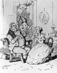 Mr Joseph Sedley entangled by Becky Sharp, ilustrace k 1. kapitole Vanity Fair, román Williama Makepeace Thackeraye (1811-1863), rytina podle kresby Williama Makepeace Thackeraye (1811-1863), vydáno v Chicagu v roce 1882