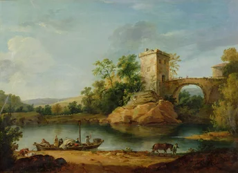 Zalesněná italská říční krajina s rolníky na člunu a mostem za nimi, kolem roku 1770 (akvarel)