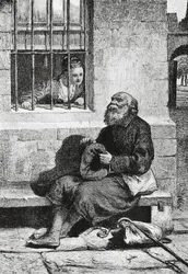 Slečna Wardour a žebrák Edie Ochiltree, ilustrace pro Antiquary, historický román Waltera Scotta (1771-1832), rytina po kresbě William McTaggart (1835-1910)