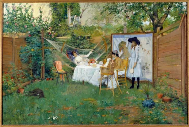 Snídaně venku kolem roku 1888 Mladé ženy v zahradě, jedna z nich je v houpací síti. Obraz Williama Merritta Chase (1849-1916) 1888 Toledo. Muzeum umění