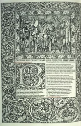Scéna z "Troilus a Criseyde", historická iniciála "B", rukopis s plným okrajem stránky, 1896