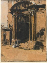 The Doorway of the Old Ashmolean Museum, Oxford (pero a inkoust, černá křída a mytí s bílým zvýrazněním na pauzovacím papíru)