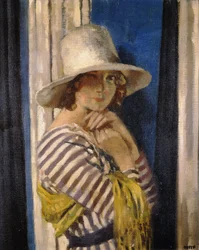 Paní Honeová v pruhovaných šatech, kolem roku 1912